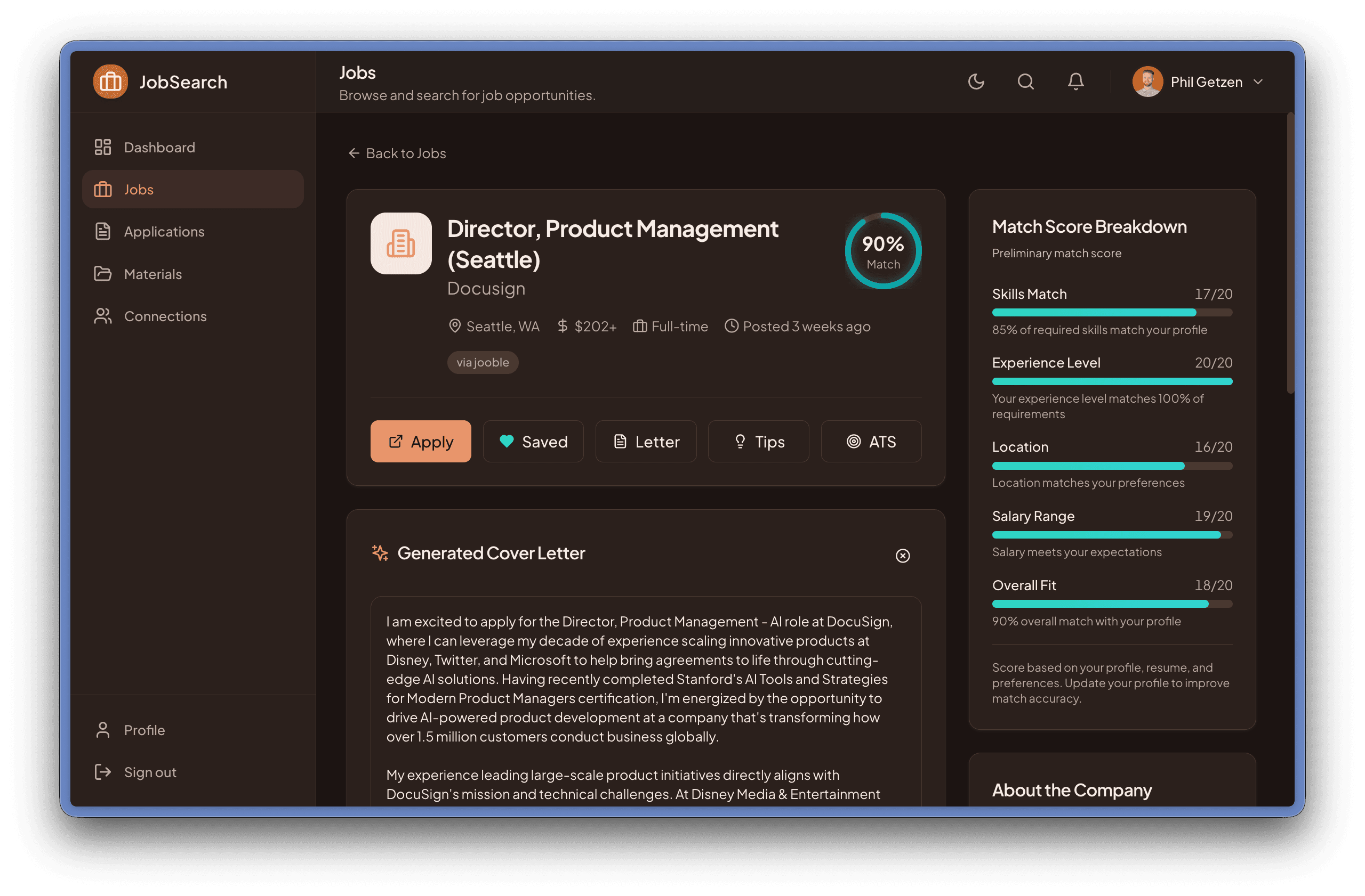 JobSearch cover letter generator