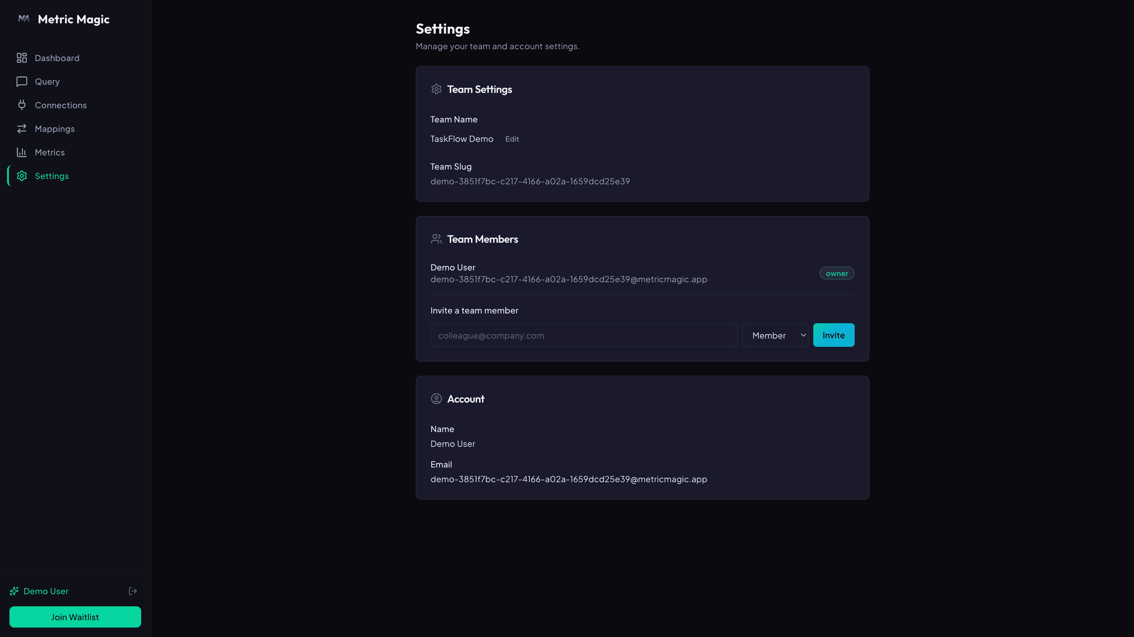 Metric Magic team settings